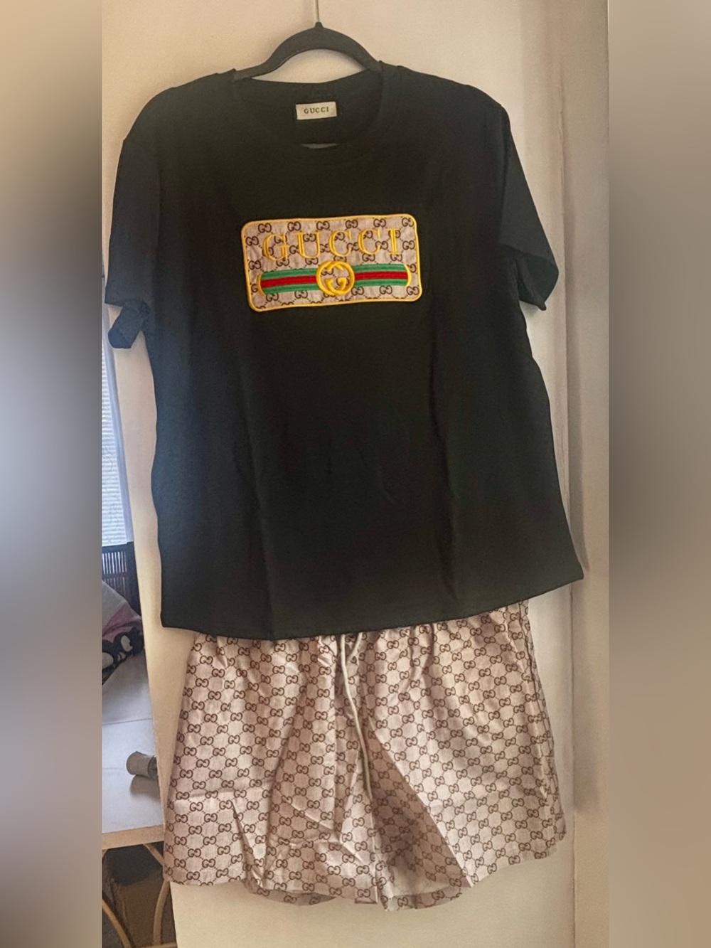 Unisex, Black Tee with Beige GG Monogram Shorts